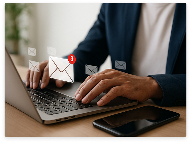 Professional working on laptop with email notifications