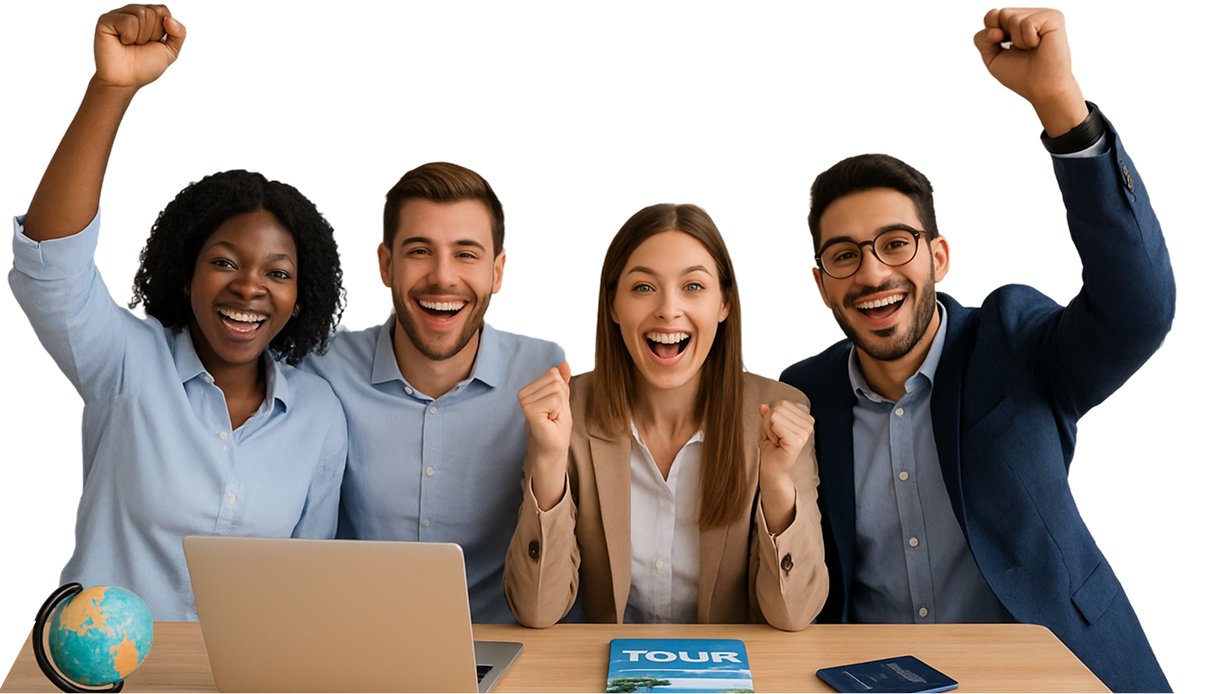 Team celebrating success with travel booking